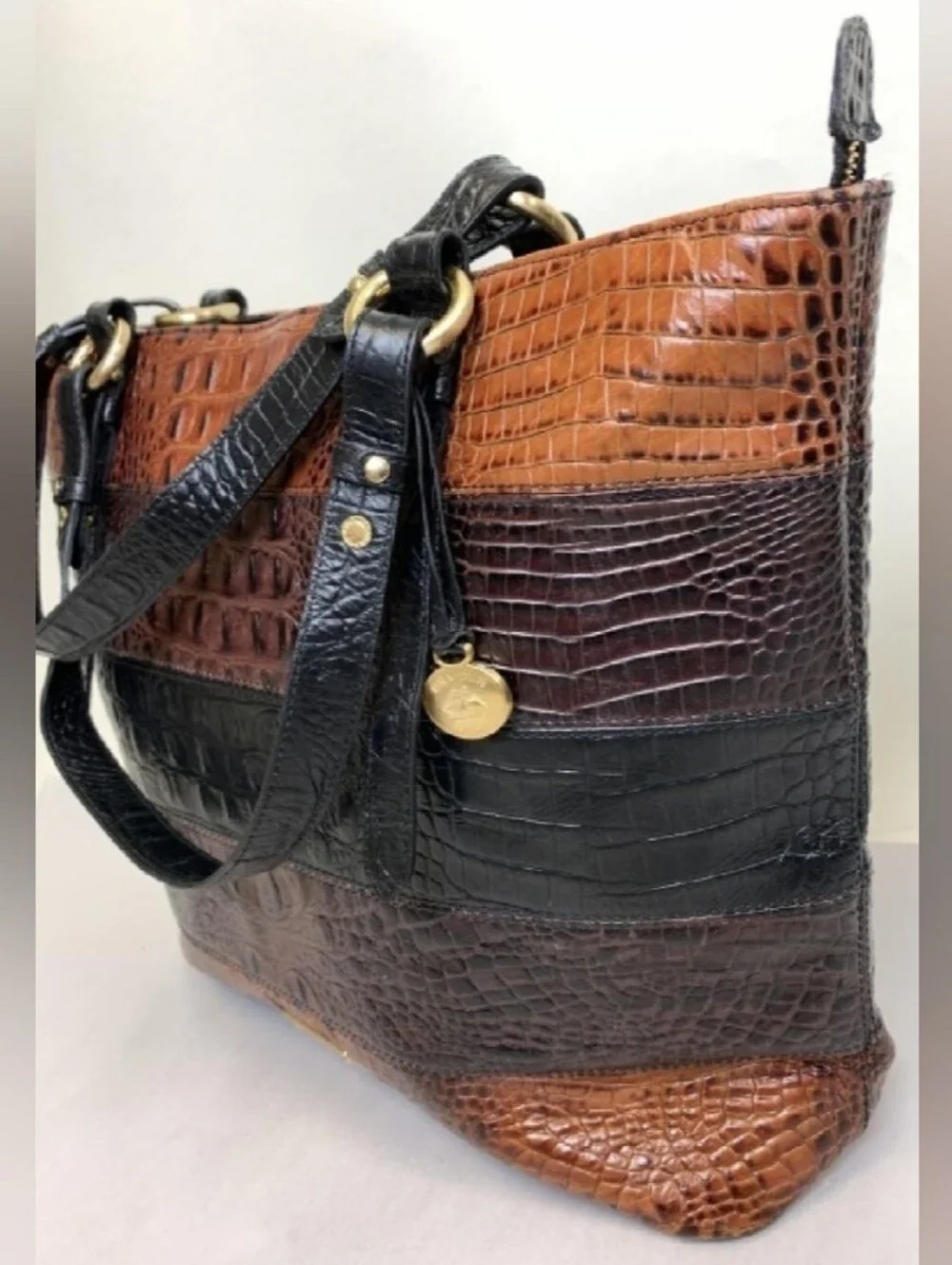 Brahmin Croc-Embossed Leather Colorblock Tote - Brown & Black